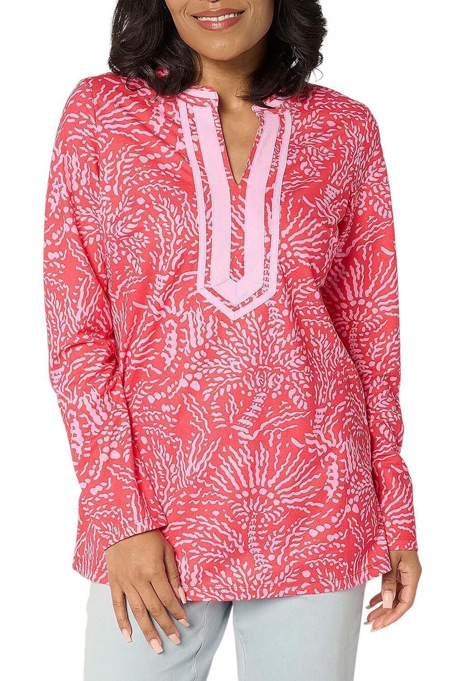 Bellisima by Kim Gravel Women's Cabana Knit Palm Trim Tunic Pink - Petite